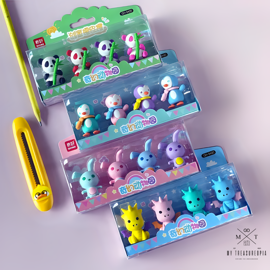 Animal Eraser ( Set Of 4 Animal Themed Packs - Penguin, Panda, Dragon, Rabbit / Each Pack Contains 4 Pcs Erasers )