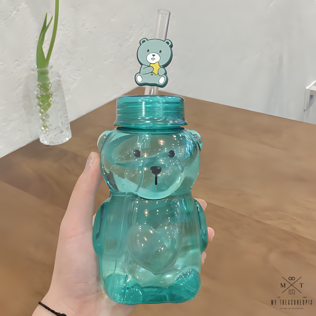 Hello Teddy Water Bottle With Straw - 430ML