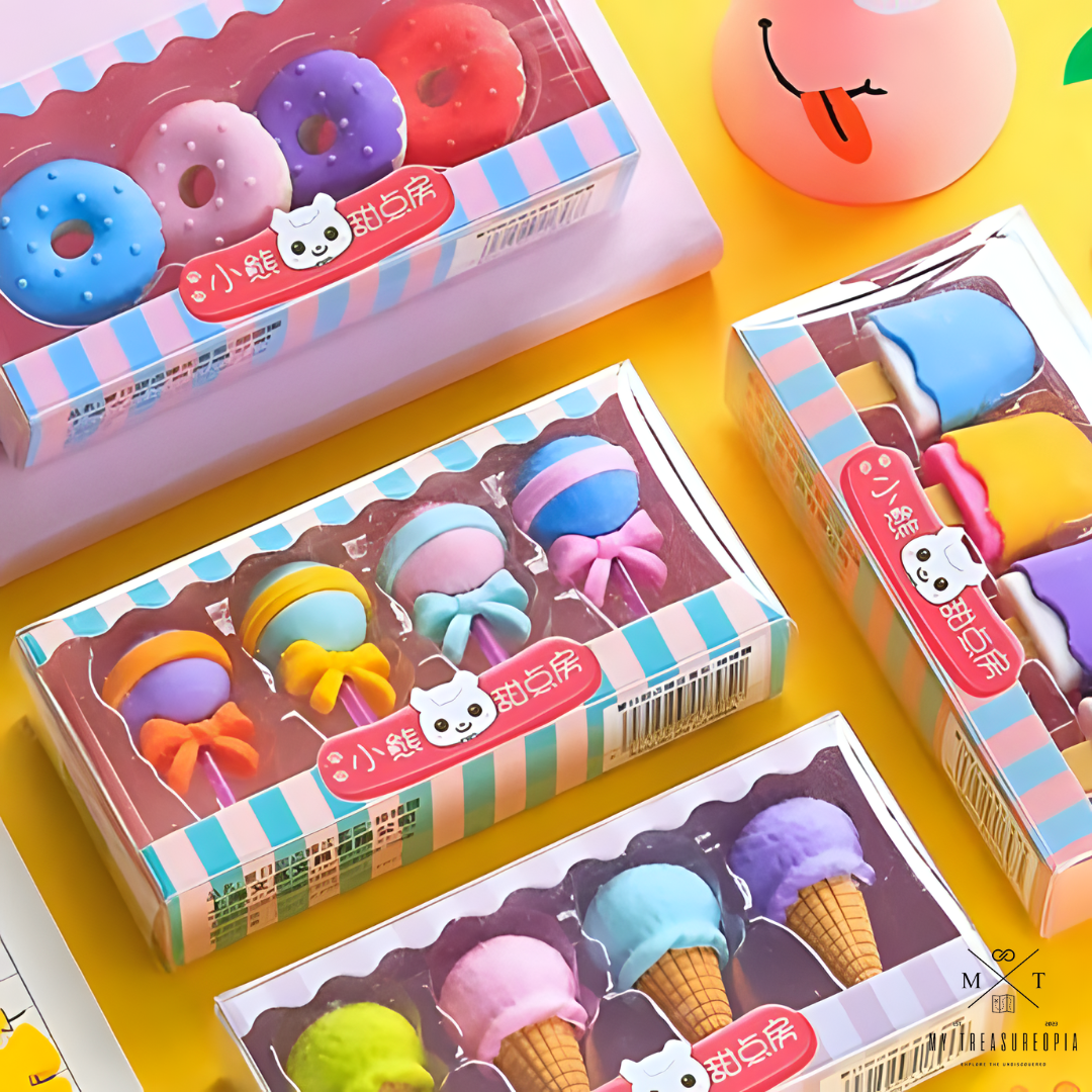 Dessert Eraser ( 4 Dessert Themed Packs - Lollipop, Ice cream, Popsicle. Doughnuts / Each Pack Contains 4 Pcs Erasers )