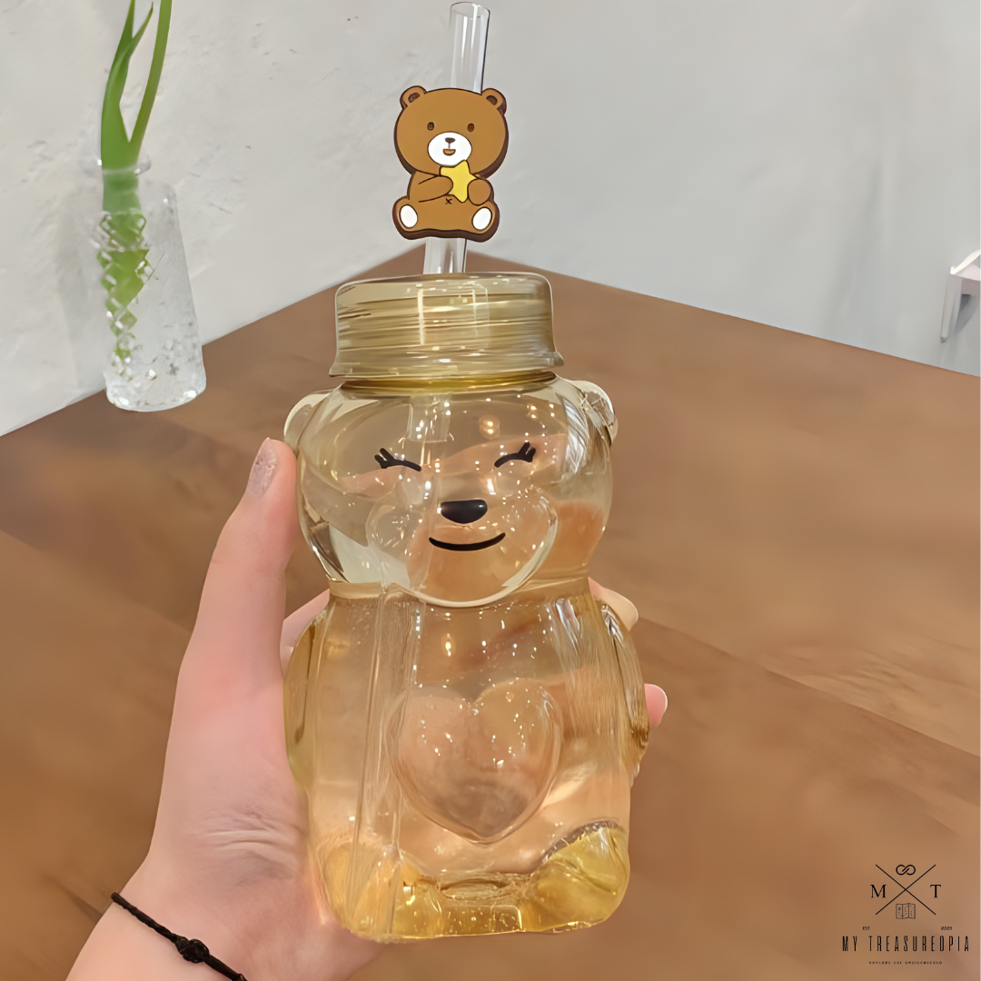 Hello Teddy Water Bottle With Straw - 430ML