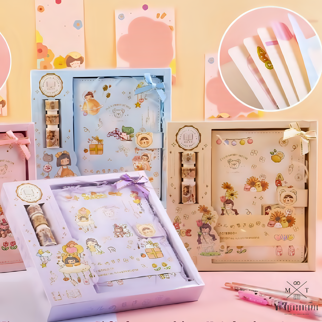 Fantasy Diary Set ( 1 Diary With Magnetic Buckle & 3 Pcs Washi Tapes )