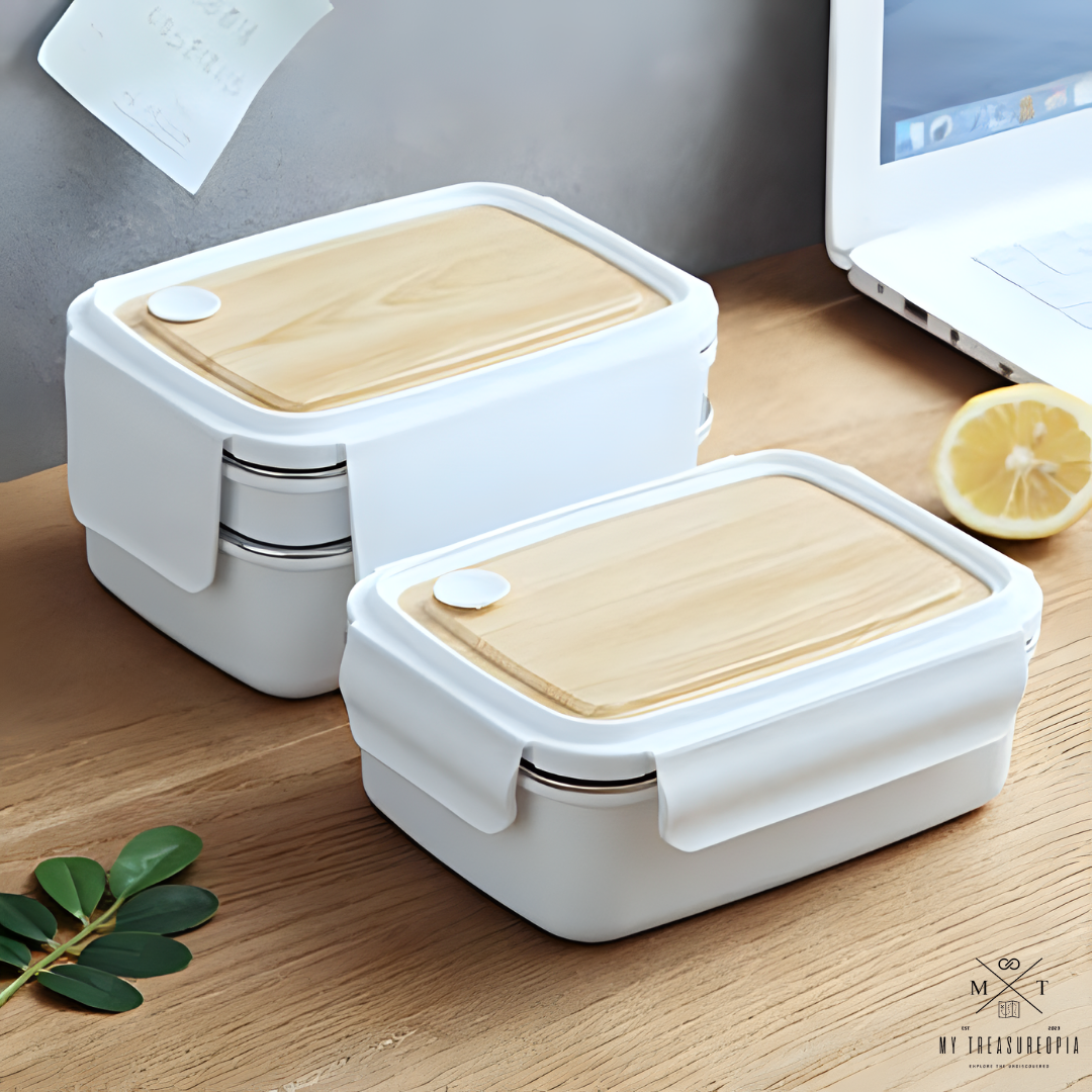 Wooden Style Stainless Steel Double Layer Lunch Box - 1400ML