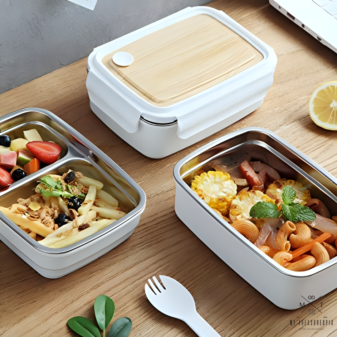 Wooden Style Stainless Steel Double Layer Lunch Box - 1400ML