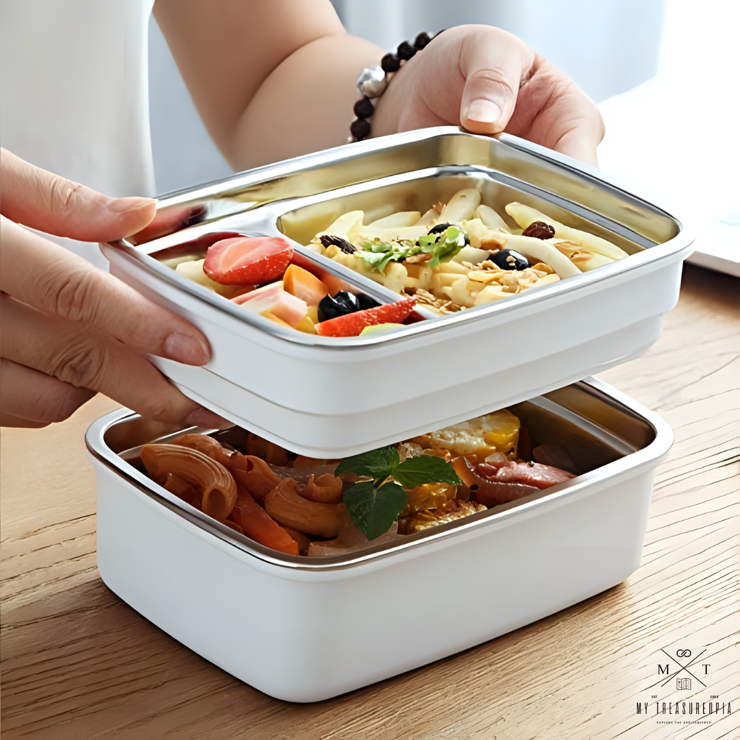 Wooden Style Stainless Steel Double Layer Lunch Box - 1400ML