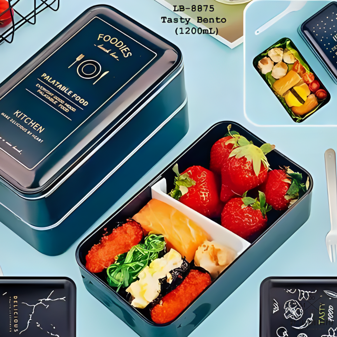 Double Layer Tasty Foodies Bento Lunch Box With Spoon & Fork - 1200ML