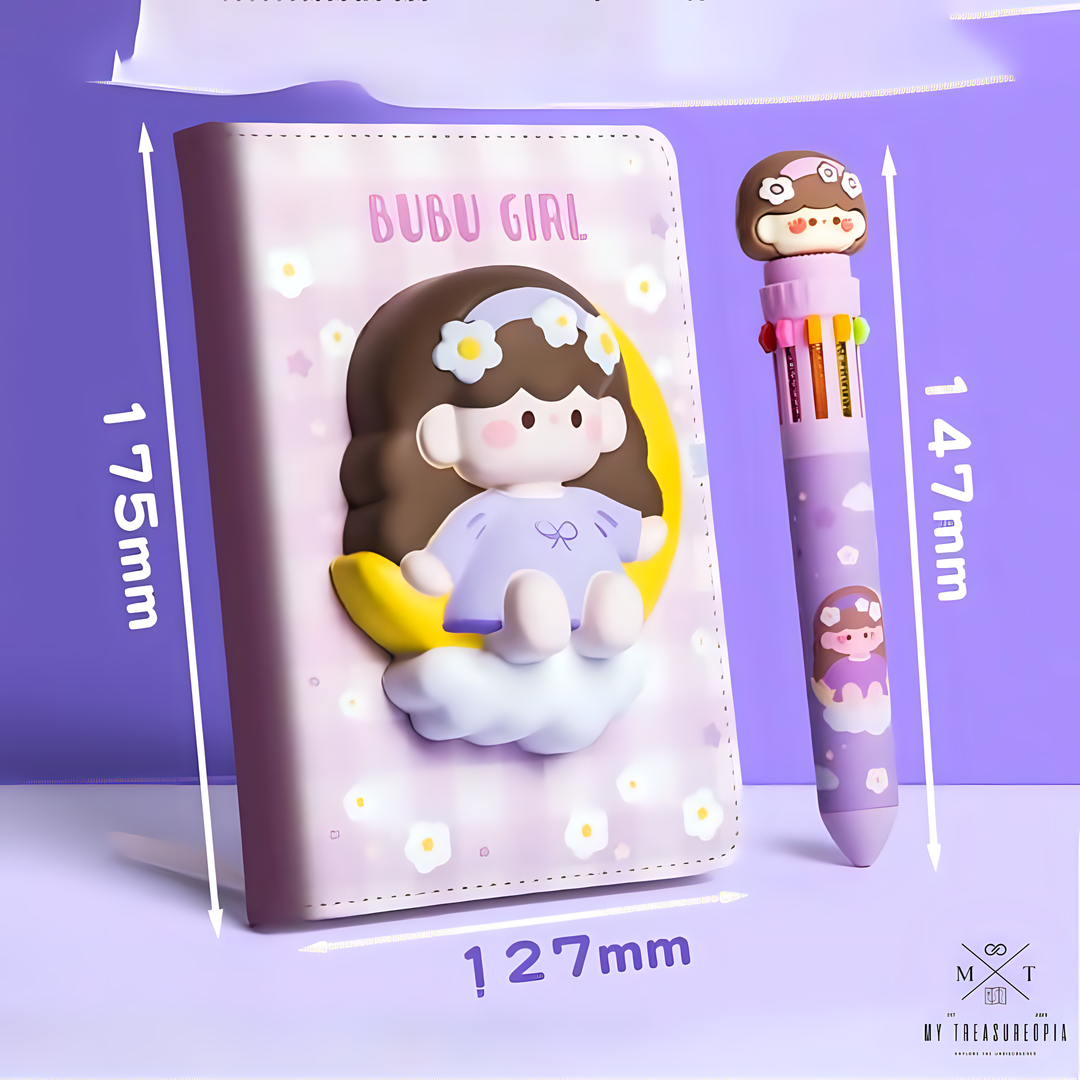 Bubu Girl Diary Set ( 1 Diary With Squishy Toy & 10 In 1 Color Pen )