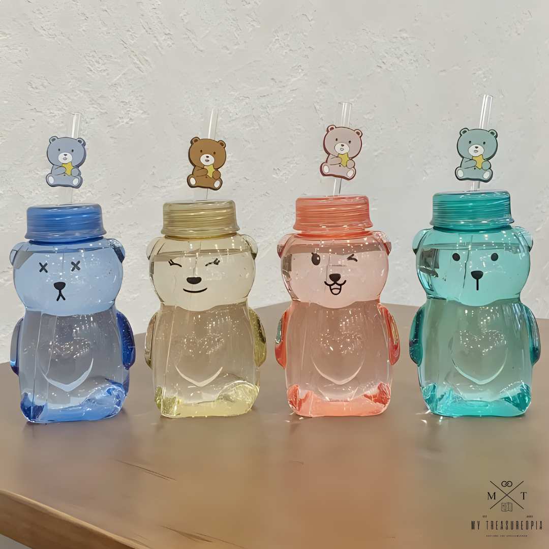 Hello Teddy Water Bottle With Straw - 430ML