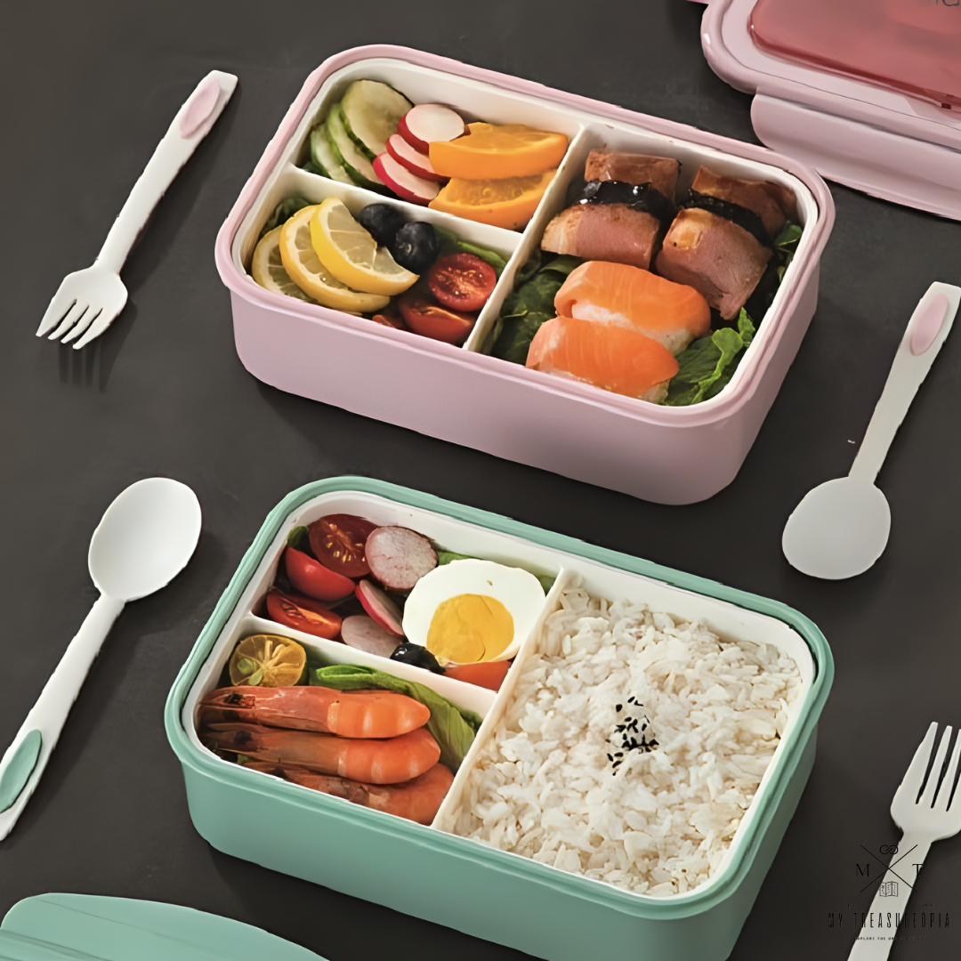 Yin & Yummy Triple Compartment Lunch Box With Spoon & Fork - 1400ML