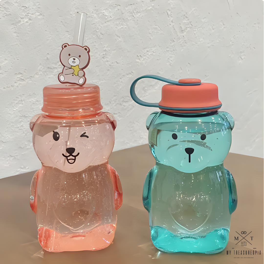 Hello Teddy Water Bottle With Straw - 430ML