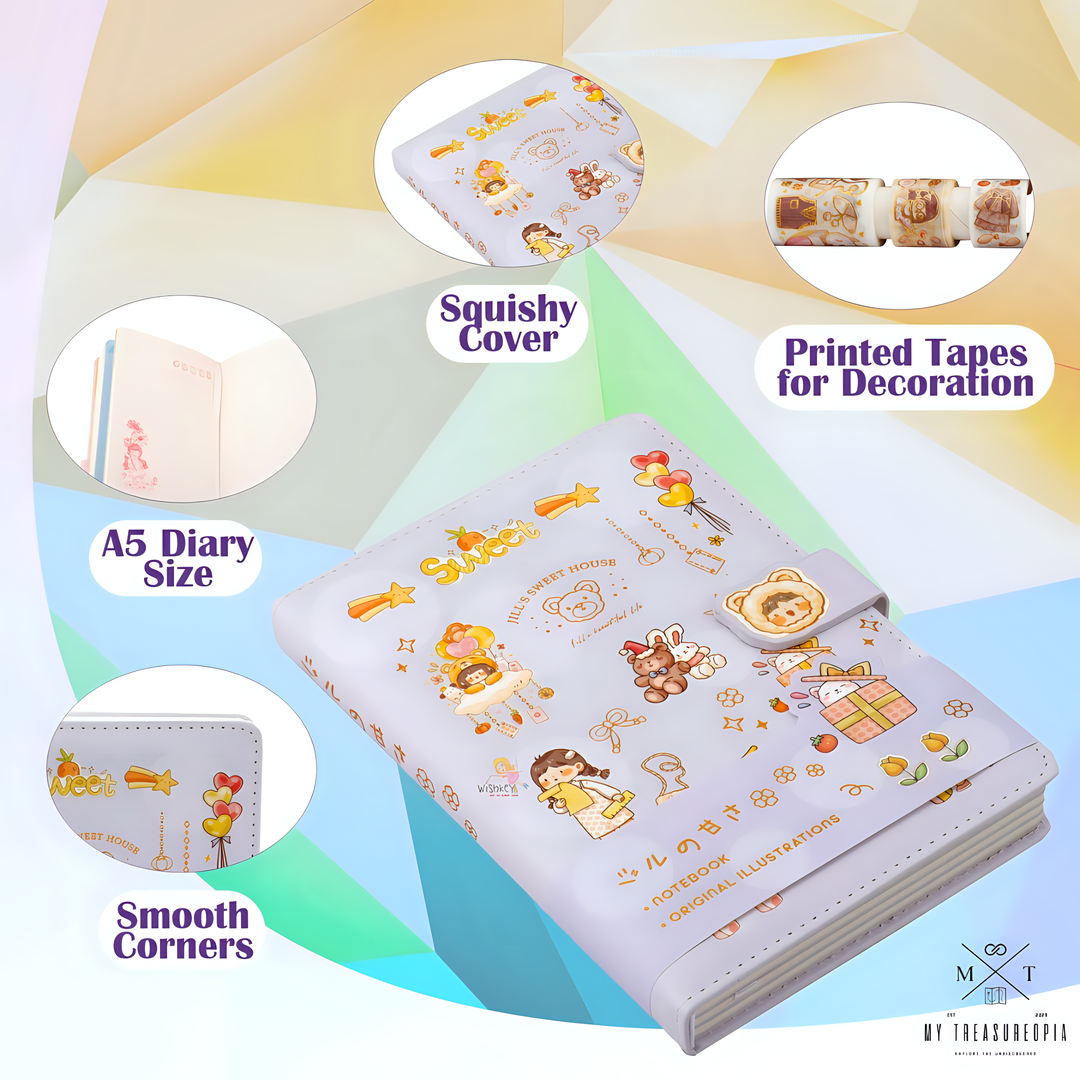 Fantasy Diary Set ( 1 Diary With Magnetic Buckle & 3 Pcs Washi Tapes )