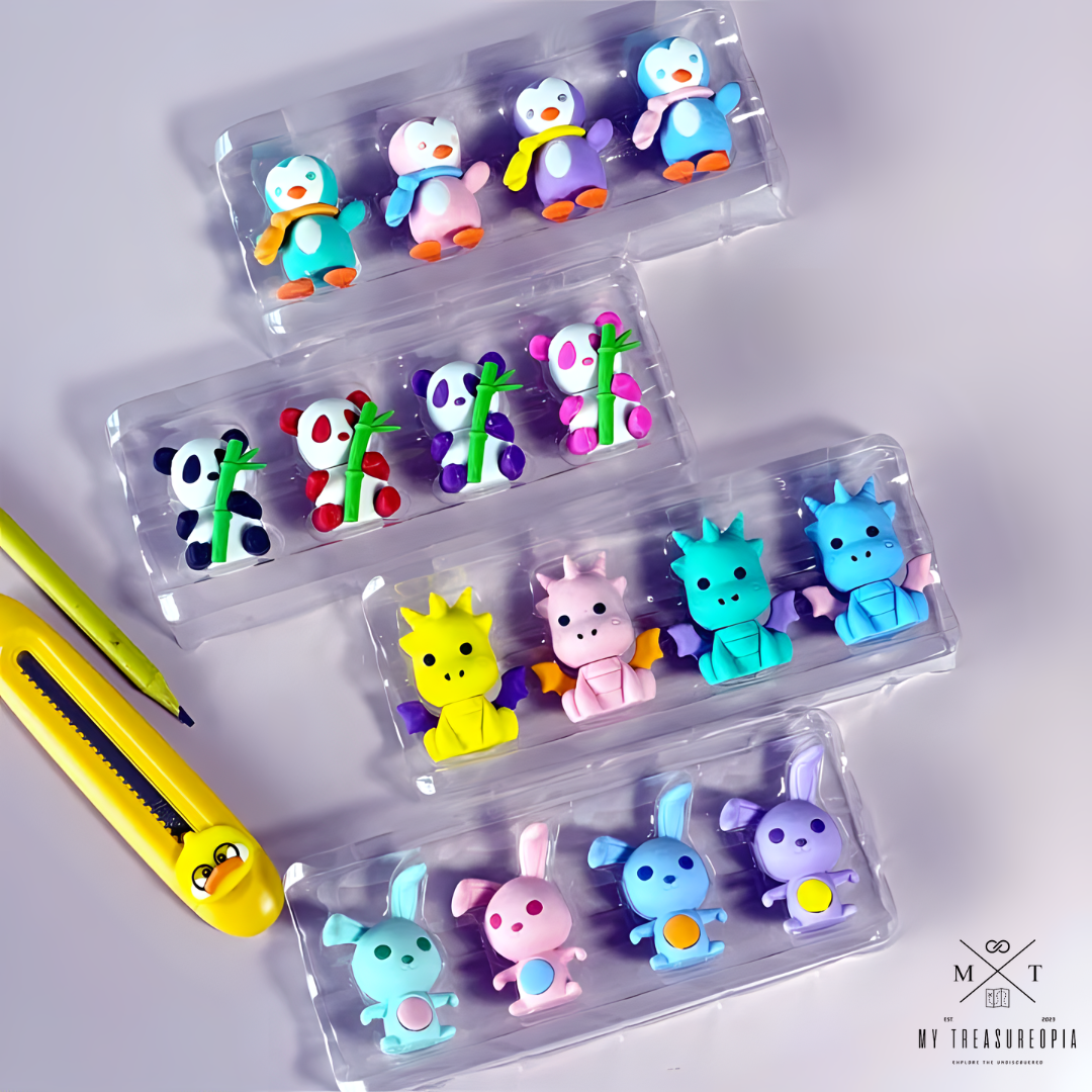 Animal Eraser ( Set Of 4 Animal Themed Packs - Penguin, Panda, Dragon, Rabbit / Each Pack Contains 4 Pcs Erasers )