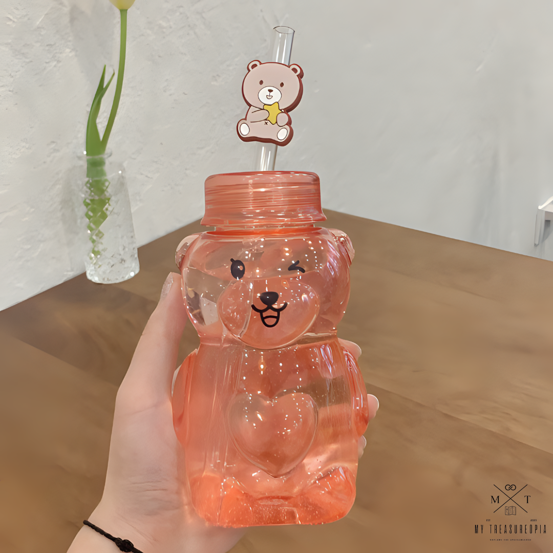 Hello Teddy Water Bottle With Straw - 430ML