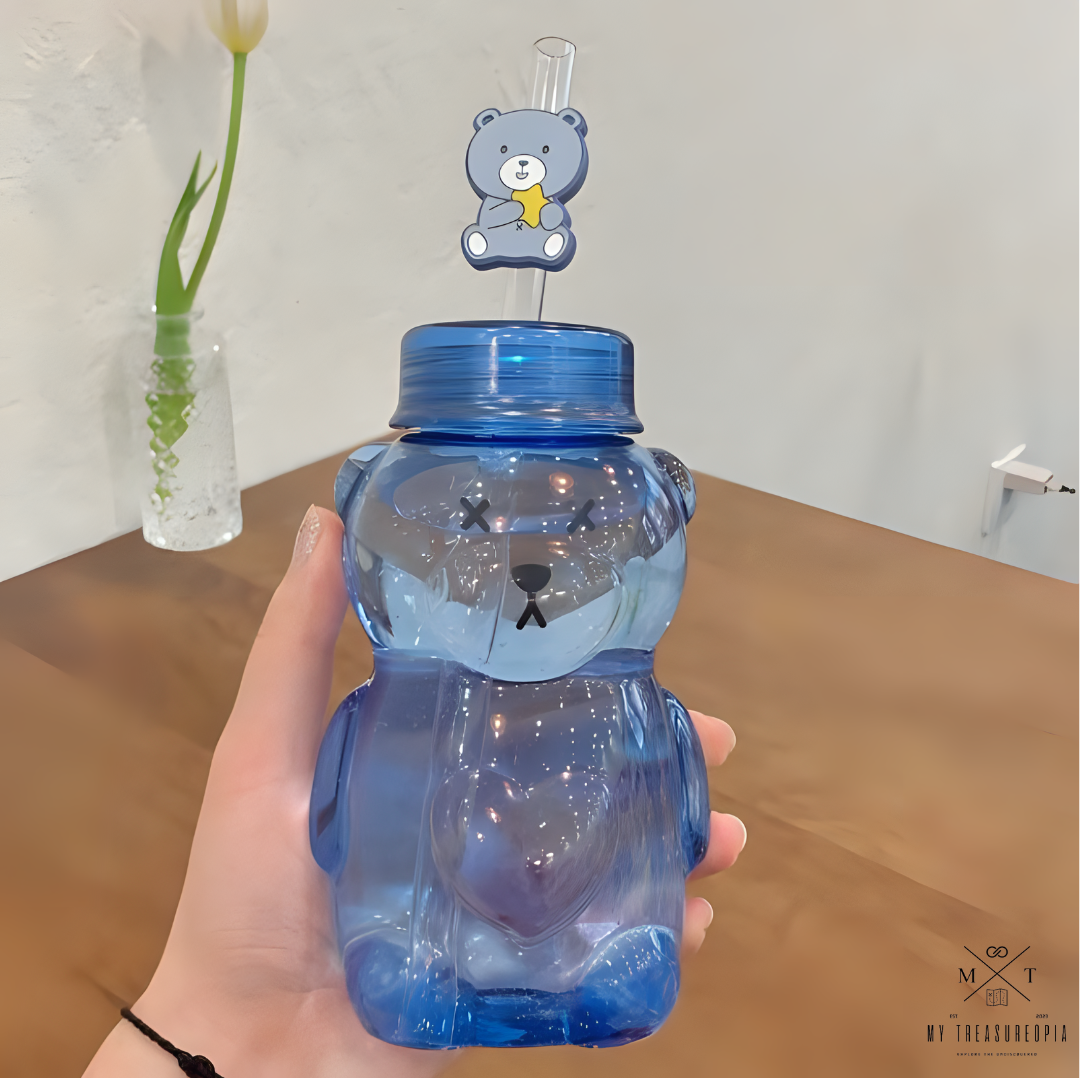 Hello Teddy Water Bottle With Straw - 430ML