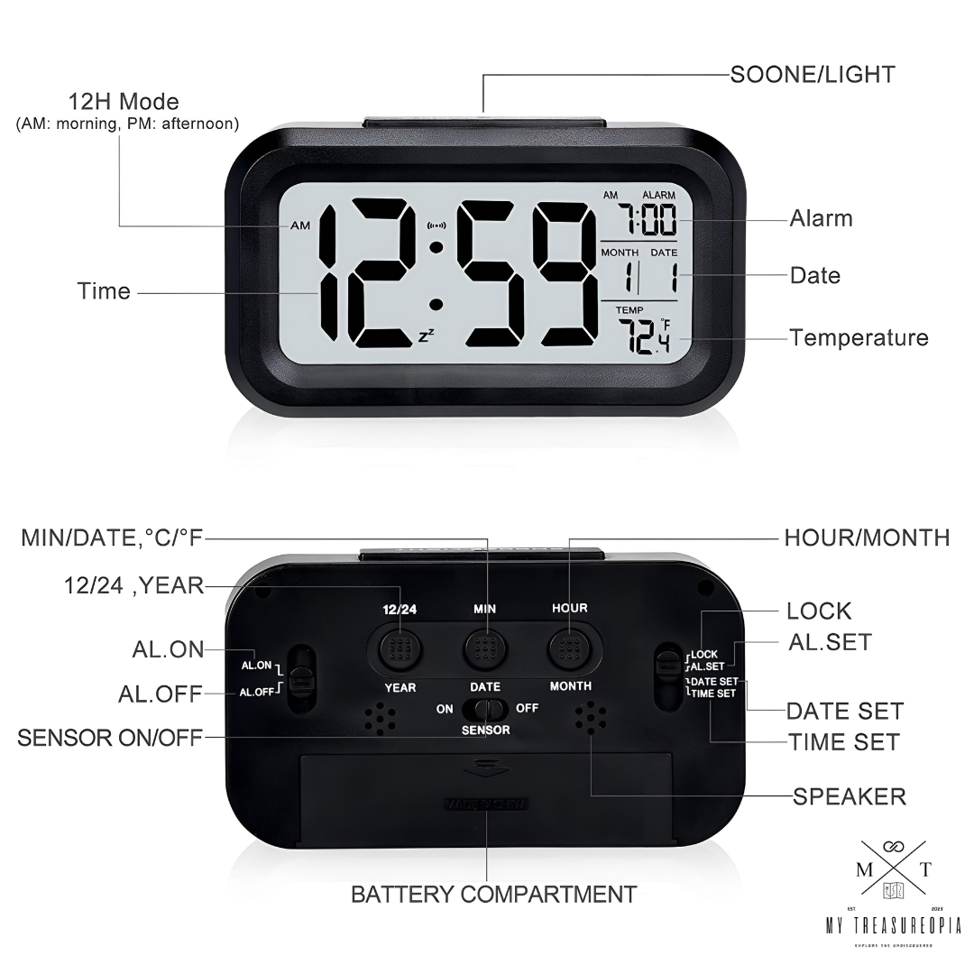 Smart Digital Alarm Table Clock - Battery Operated with Calendar, Automatic Sensor, Date & Temperature