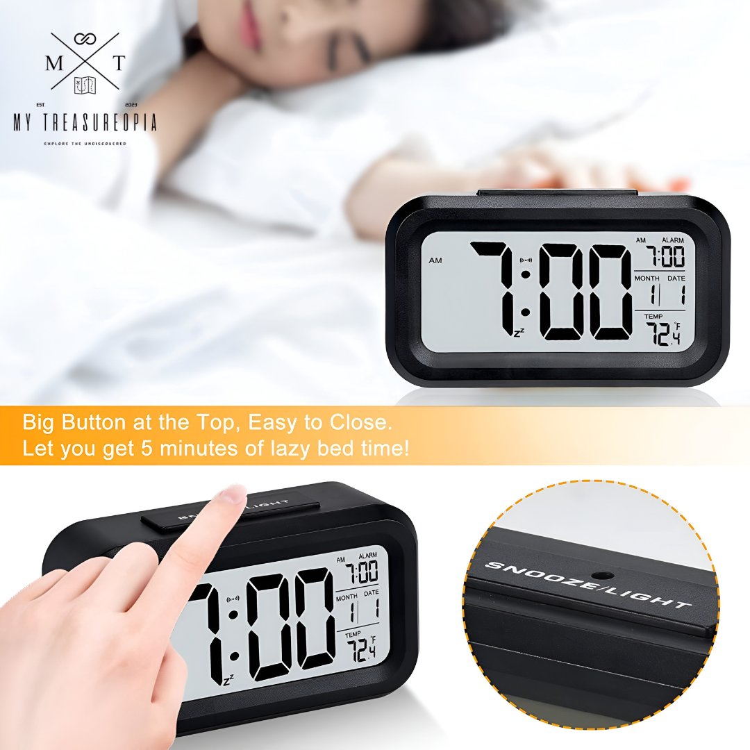 Smart Digital Alarm Table Clock - Battery Operated with Calendar, Automatic Sensor, Date & Temperature