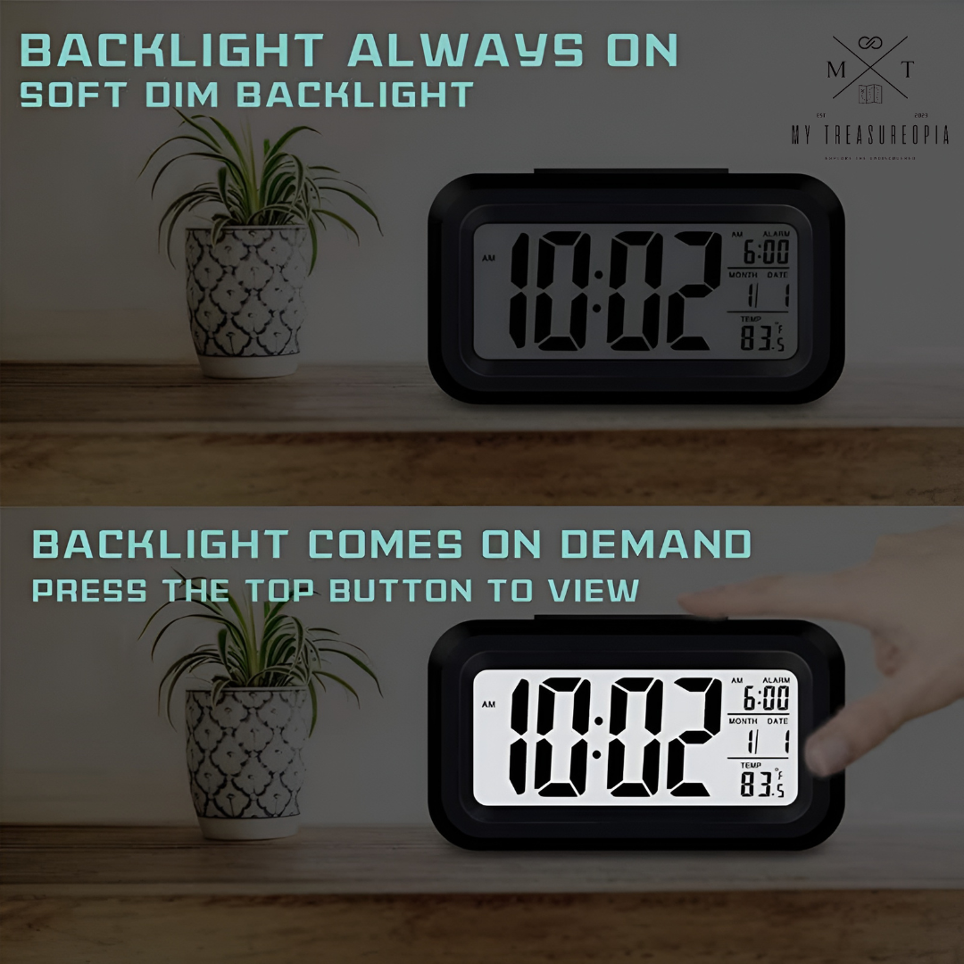 Smart Digital Alarm Table Clock - Battery Operated with Calendar, Automatic Sensor, Date & Temperature