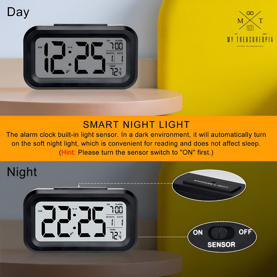 Smart Digital Alarm Table Clock - Battery Operated with Calendar, Automatic Sensor, Date & Temperature