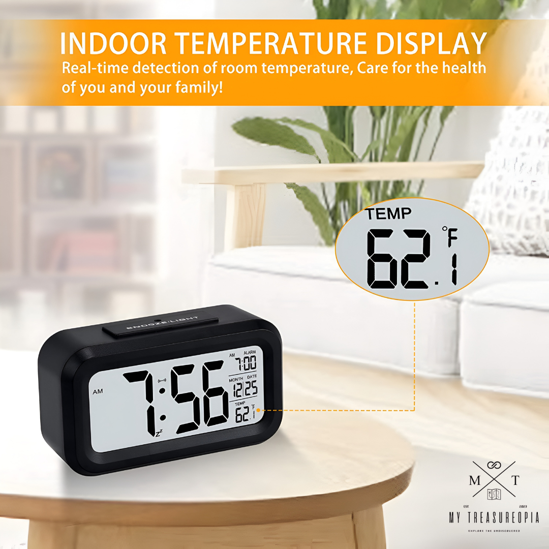 Smart Digital Alarm Table Clock - Battery Operated with Calendar, Automatic Sensor, Date & Temperature