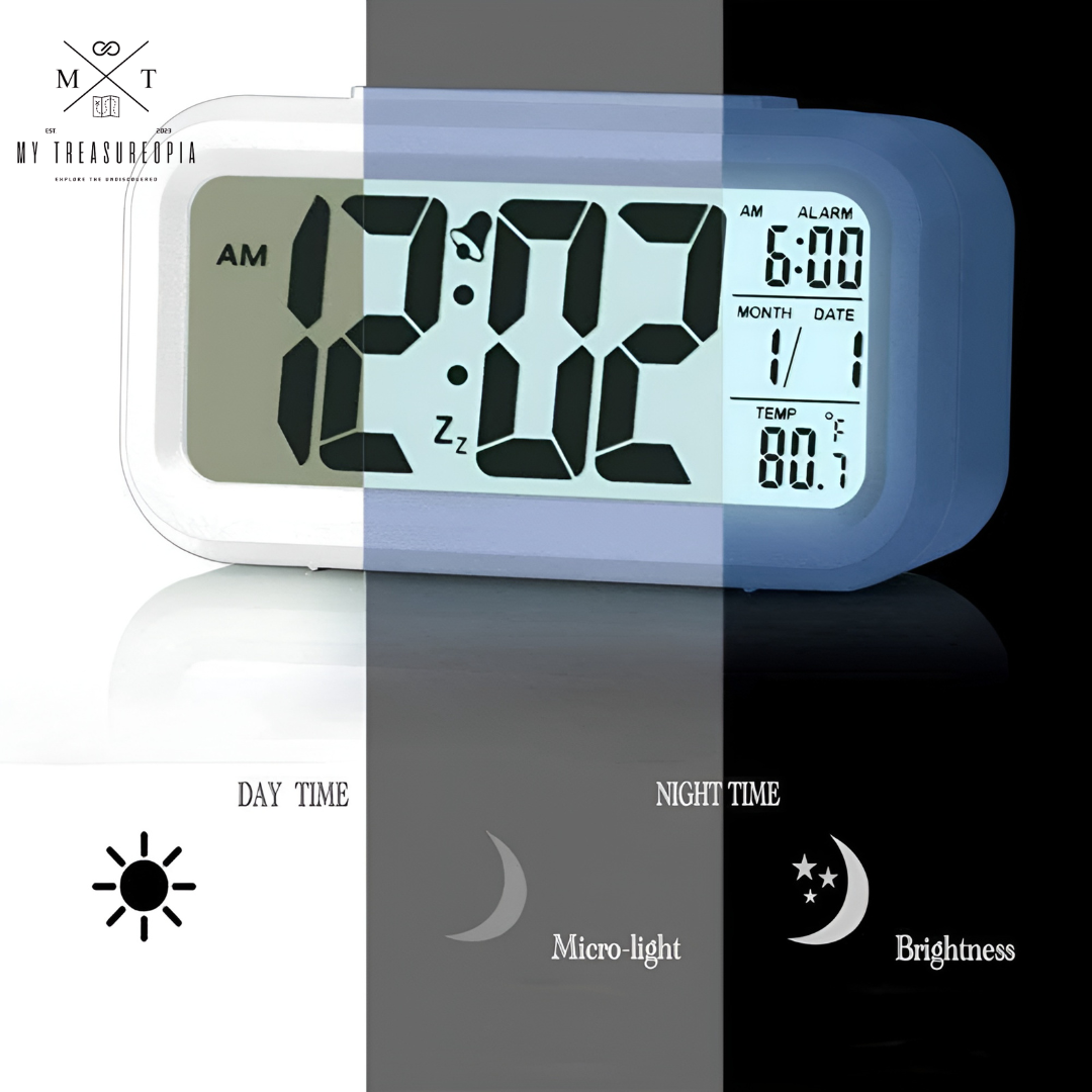 Smart Digital Alarm Table Clock - Battery Operated with Calendar, Automatic Sensor, Date & Temperature