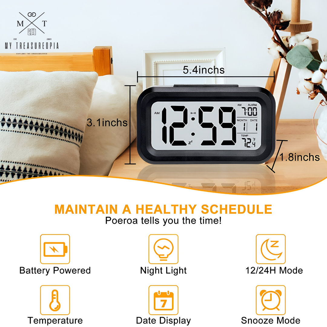 Smart Digital Alarm Table Clock - Battery Operated with Calendar, Automatic Sensor, Date & Temperature