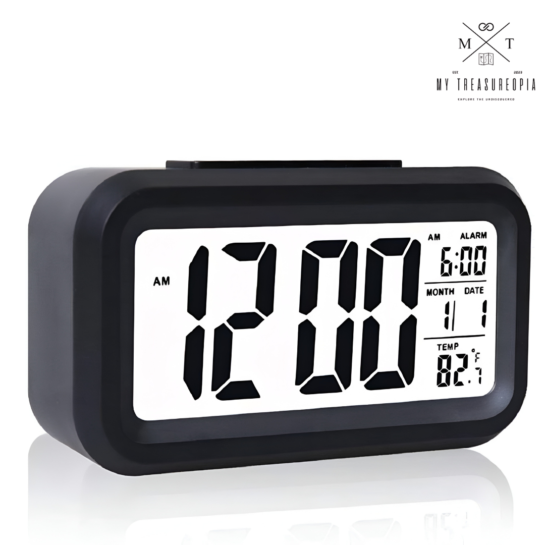 Smart Digital Alarm Table Clock - Battery Operated with Calendar, Automatic Sensor, Date & Temperature