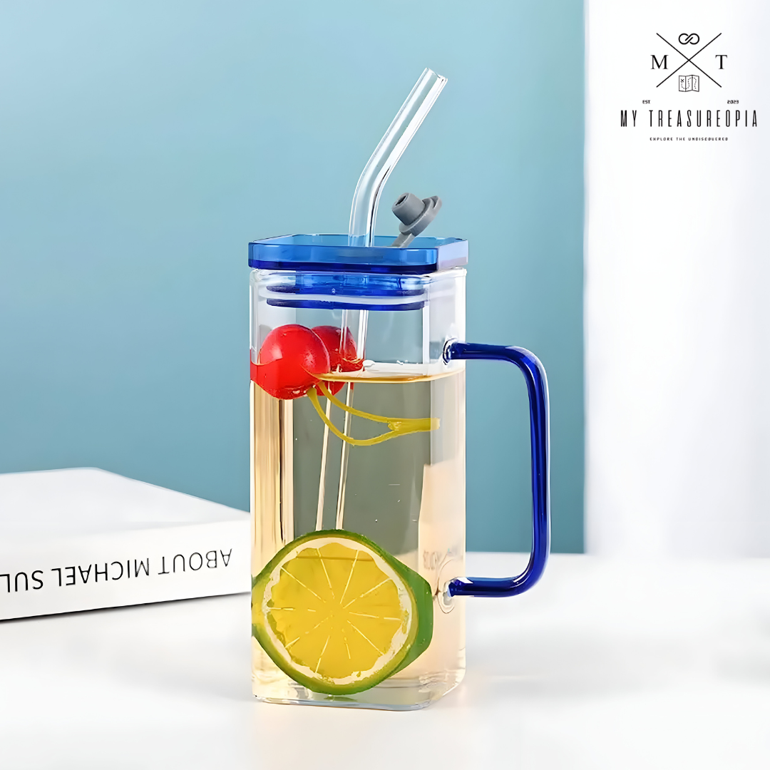 Glass Tumbler With Handle, Straw & Lid - 400ML ( Pack Of 2 Pcs )