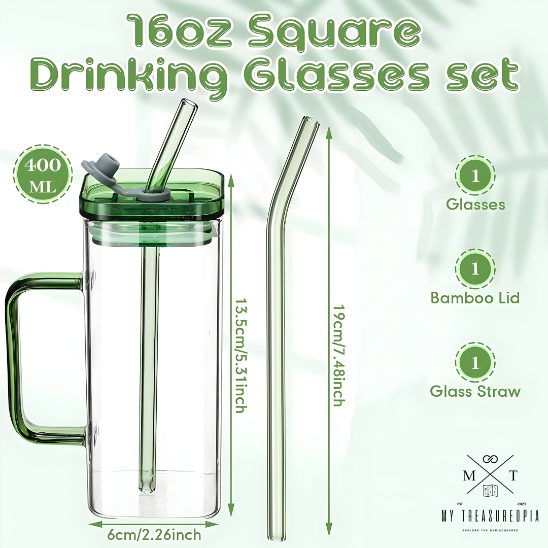 Glass Tumbler With Handle, Straw & Lid - 400ML ( Pack Of 2 Pcs )