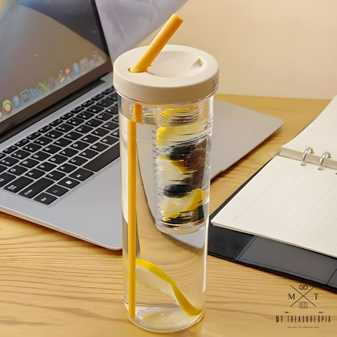 Round Glass Water Bottle With Wooden Lid And Straw