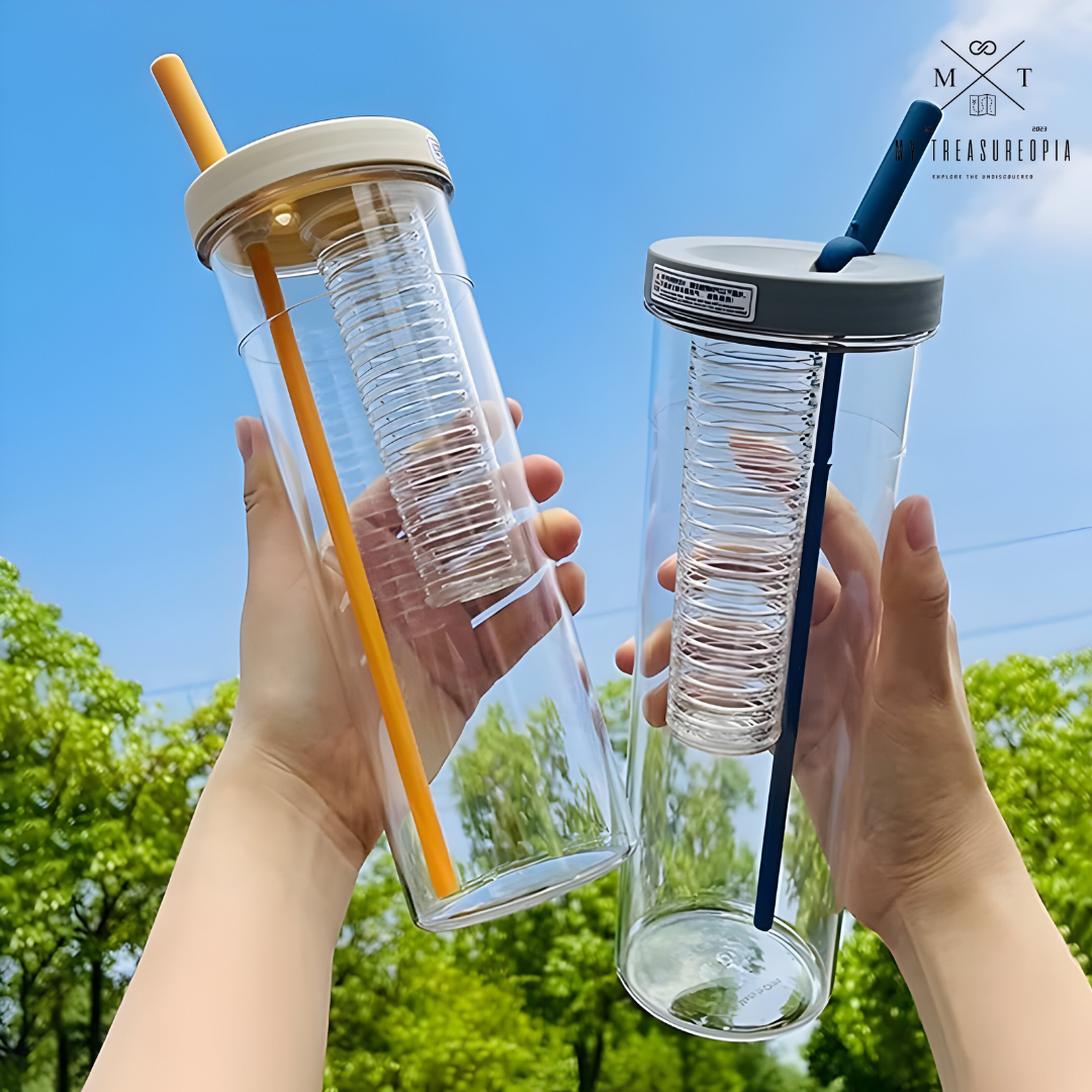 Round Glass Water Bottle With Wooden Lid And Straw