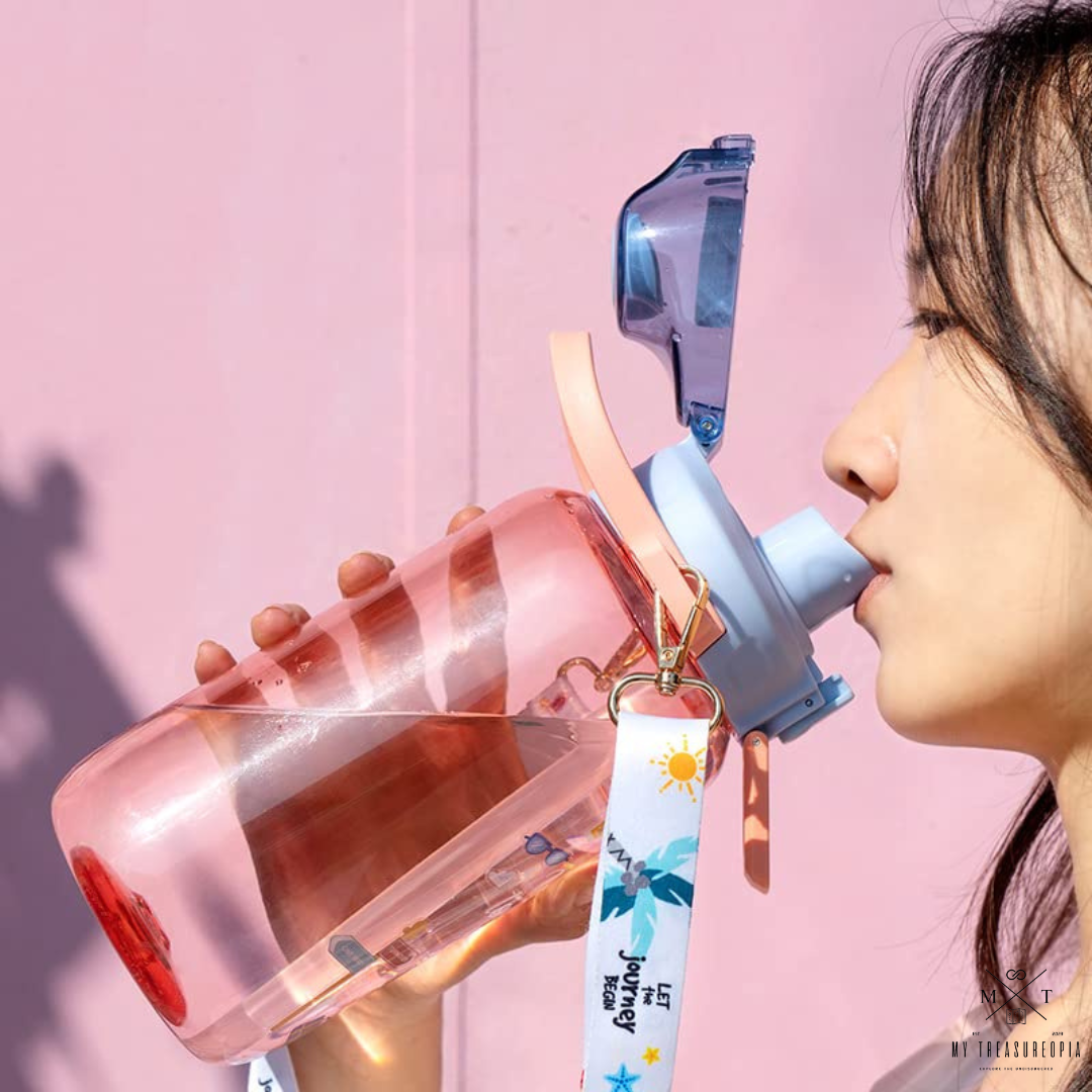 Water Bottle with Straw and Shoulder Strap and Sticker for Students - 1200 ML