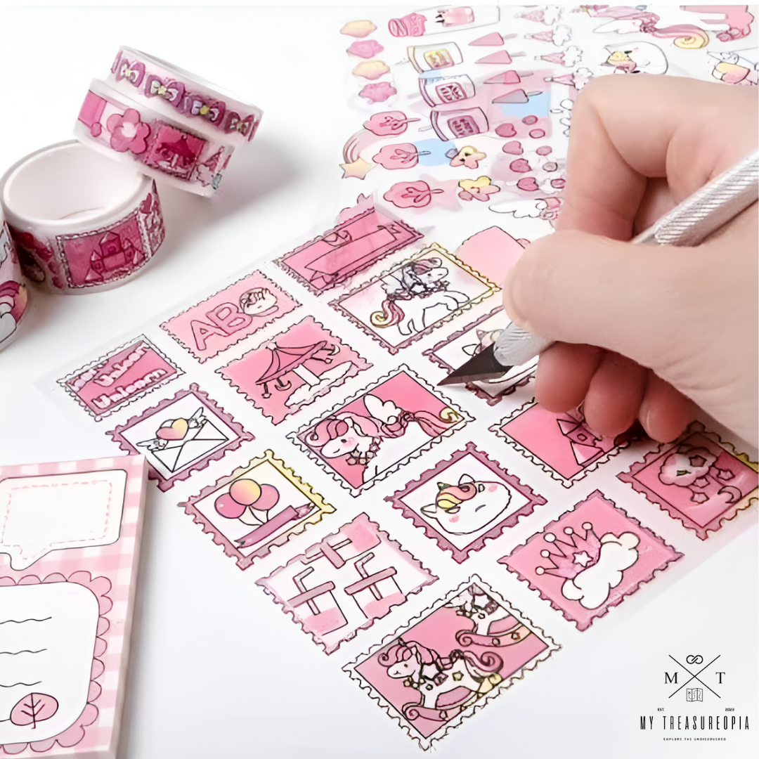 The Full Washi Kit ( Kit Contains 8 Pcs Washi Tape Rolls, 10 Sticker Sheets, 1 Notepad & 1 Engraving Knife )