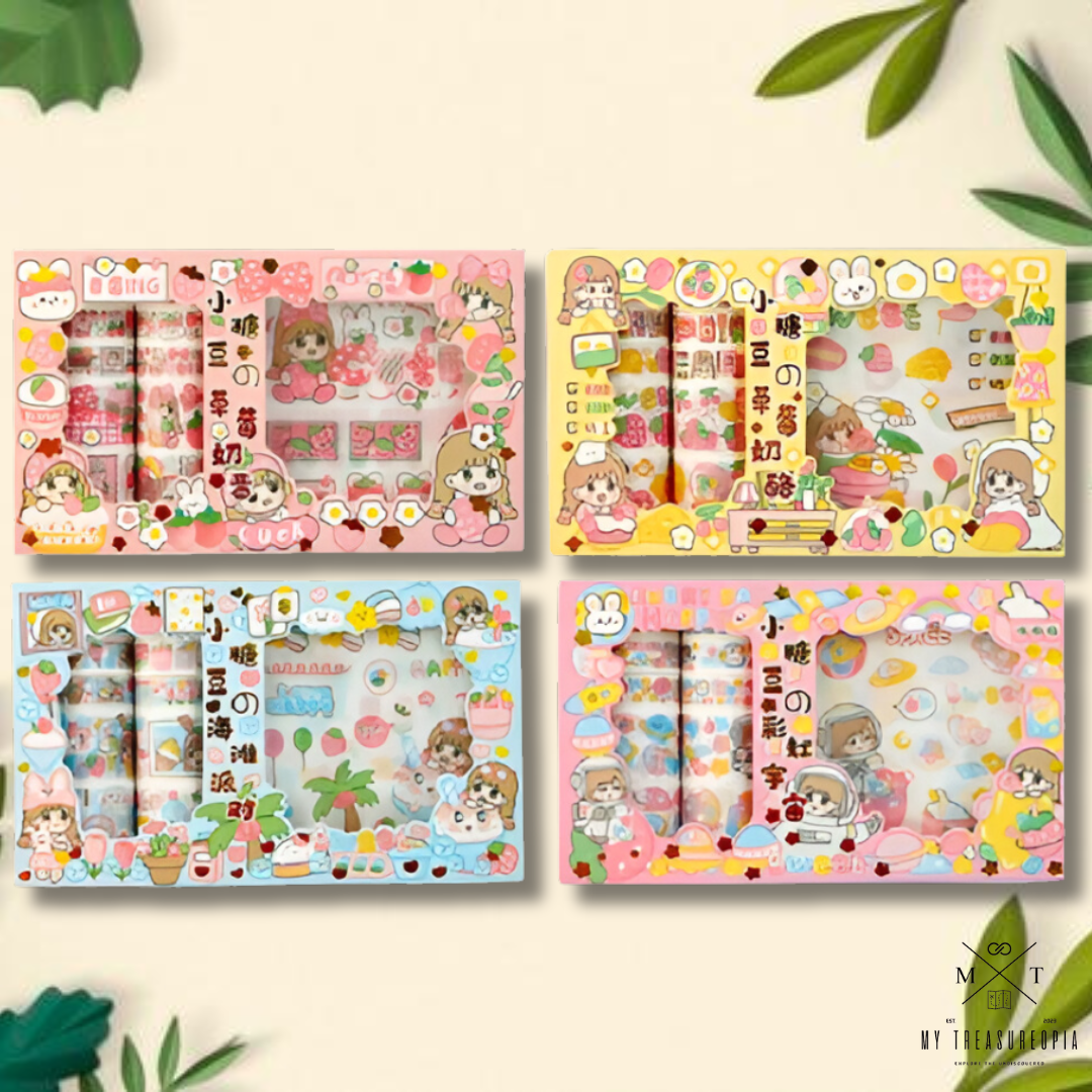 Masking Tape Roll Set ( Set Contains 10 Pcs Washi Tape Roles & 10 Sticker Sheets )