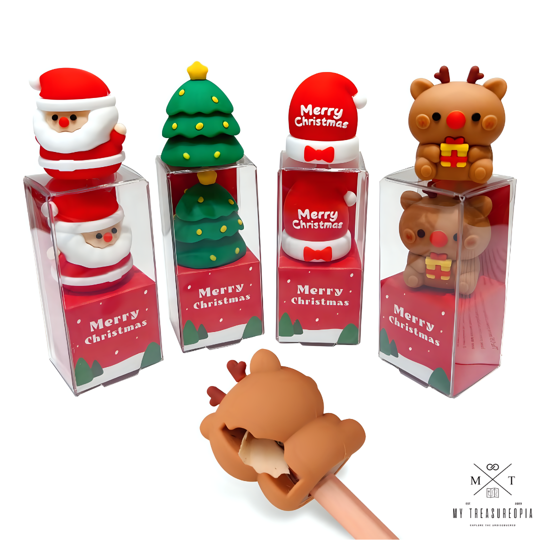 Merry Christmas Sharpener ( Pack Of 4 - 1 Christmas Tree, 1 Reindeer, 1 Santa Claus & 1 Christmas Cap )