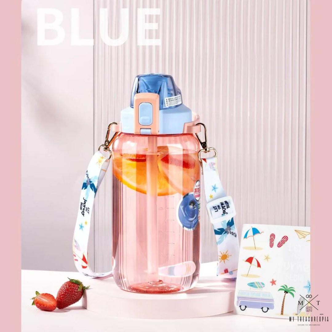 Water Bottle with Straw and Shoulder Strap and Sticker for Students - 1200 ML