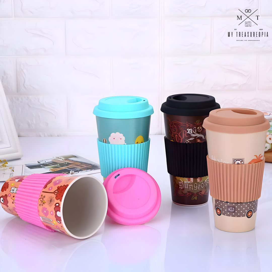 Pink Town Mug With Lid ( Bamboo Fiber )