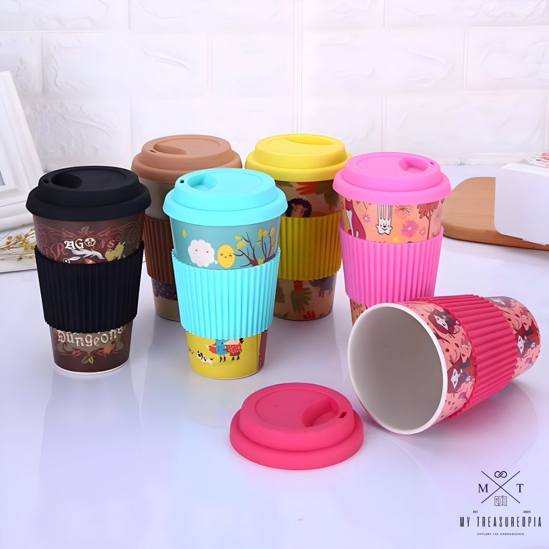 Yellow Wildlife Mug With Lid ( Bamboo Fiber )