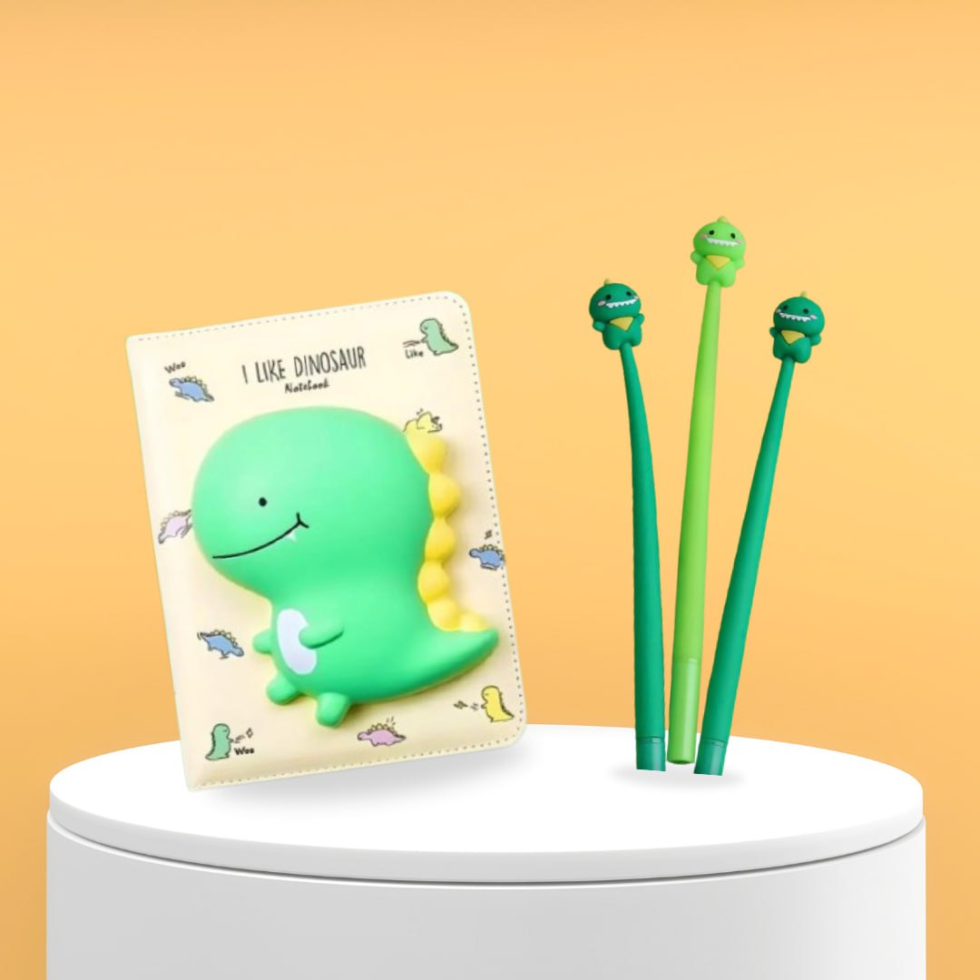 Dino Diary Set ( Squishy Diary & 1 Baby Dino Gel Pen [ Pack Of 3 Pcs ] )