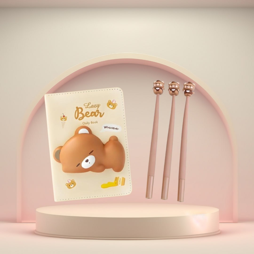 Bear Diary Set ( Squishy Diary & 1 Coffee Bear Gel Pen [ Pack Of 3 Pcs ] )