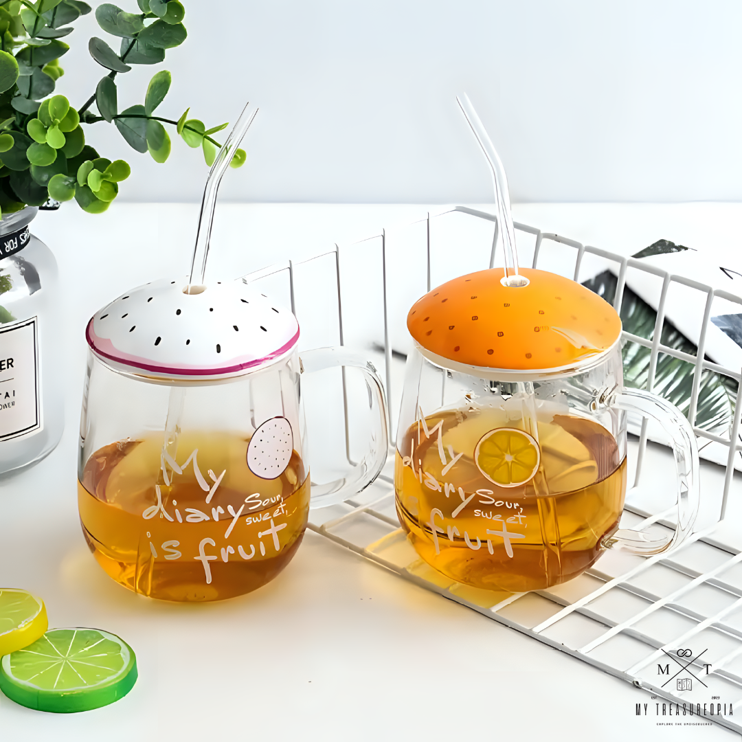 Juicy Fruits Glass Mug With Lid (1 Piece)