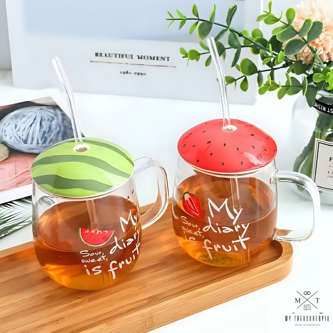 Juicy Fruits Glass Mug With Lid (1 Piece)