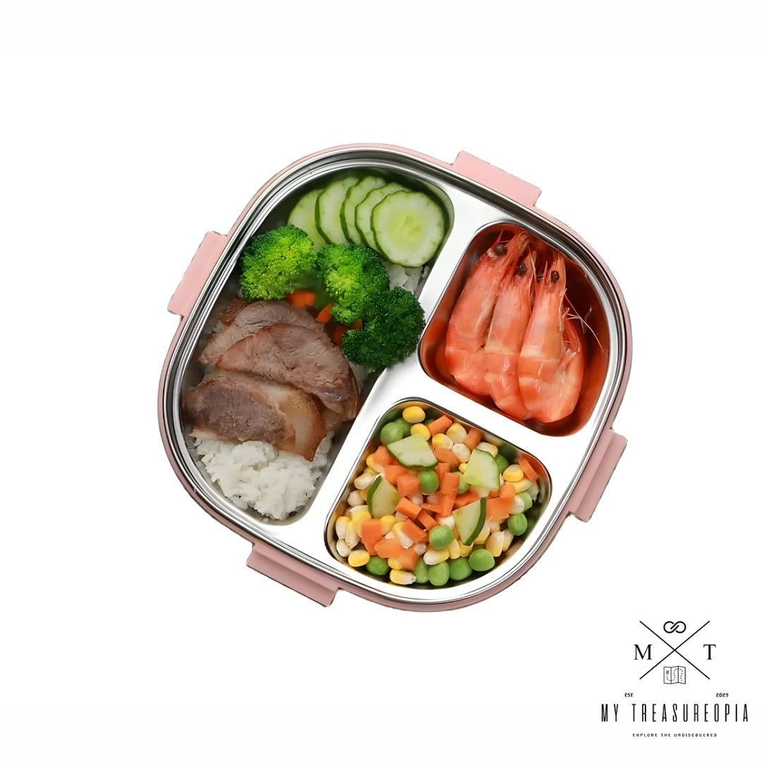 3 Compartment Stainless Steel Round Shape Lunch Box