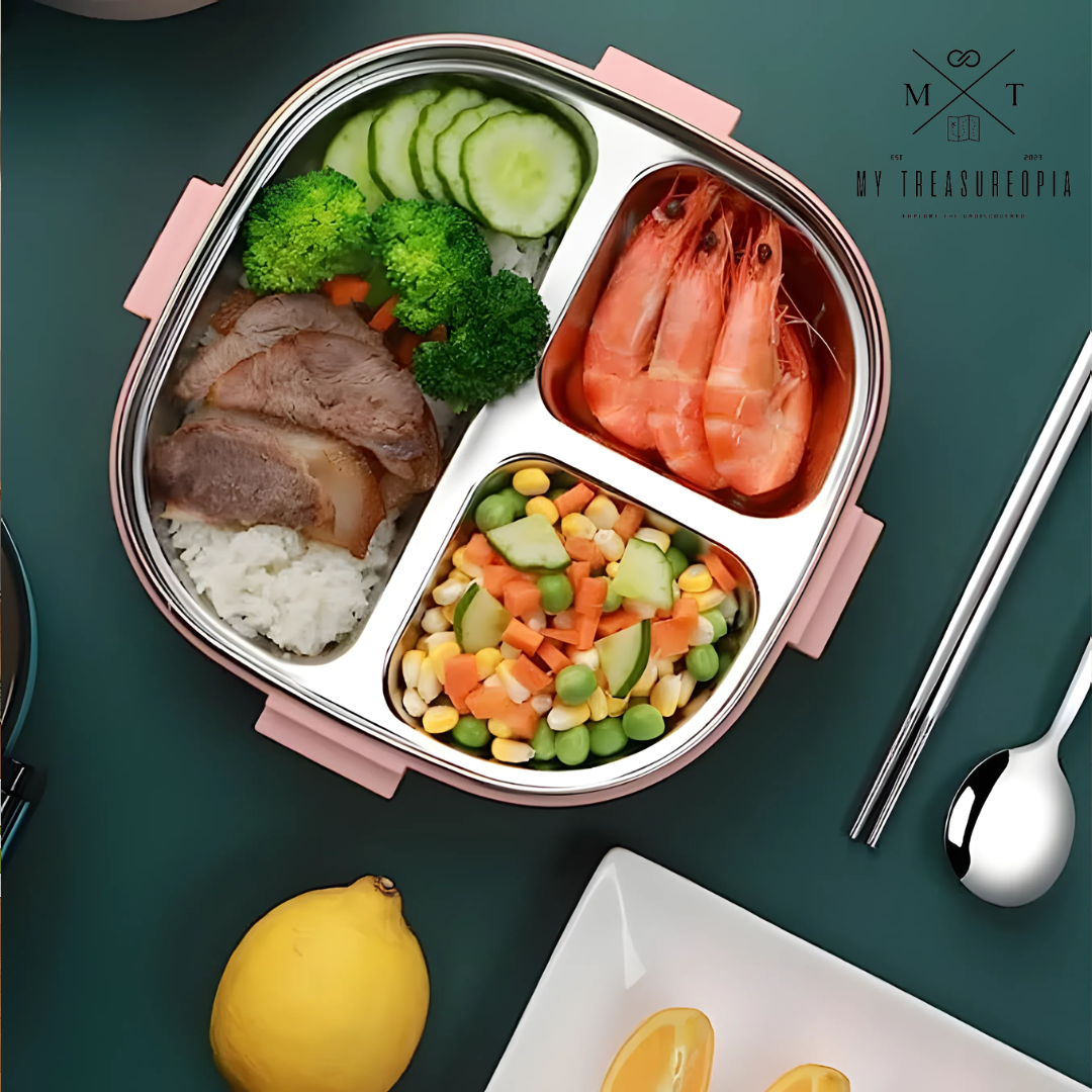 3 Compartment Stainless Steel Round Shape Lunch Box