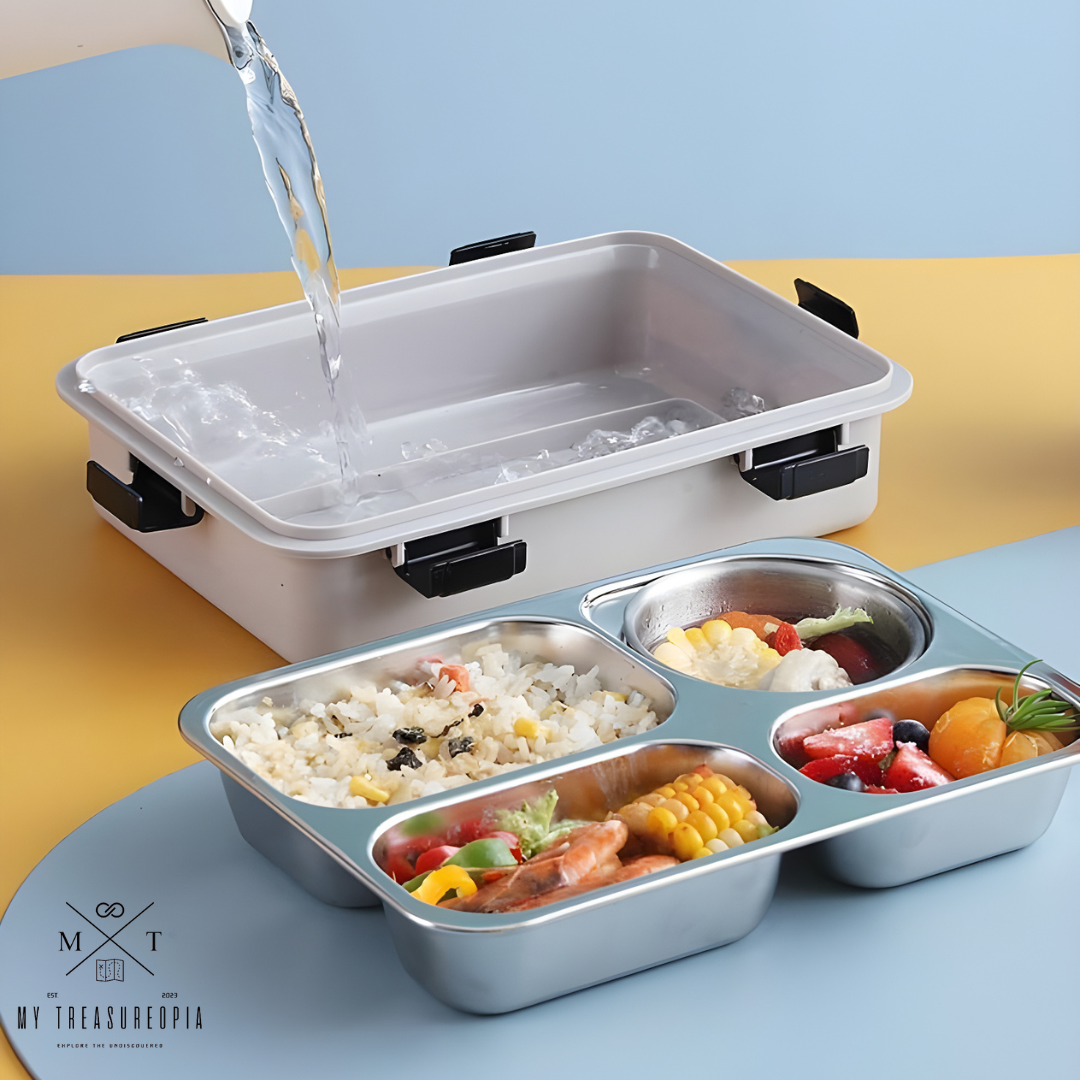 4 Compartment Stainless Steel Round Shape Lunch Box